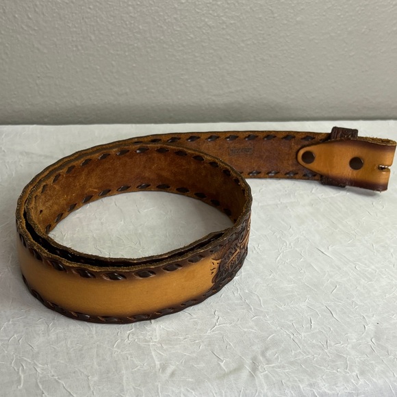 Brown Hand Tooled Leather Men's Belt Size 34 - Picture 1 of 11